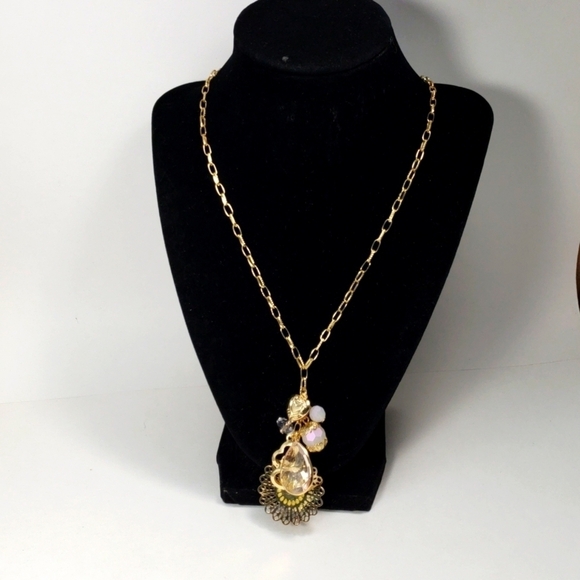 Gold-Tone Necklace with Beads, Hearts, Flower, Crystal Charms - Women's Jewelry - Picture 3 of 6